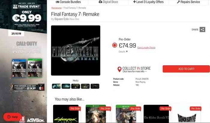 GameStop Ireland Lists a Final Fantasy VII Remake Xbox One Edition