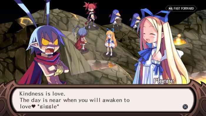 Disgaea 1 cutscene screenshot. Laharl reacts explosively to being told he can love.