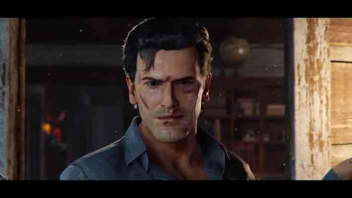 Screenshot from Evil Dead: The Game's announcement trailer. It shows Ash Williams' face.