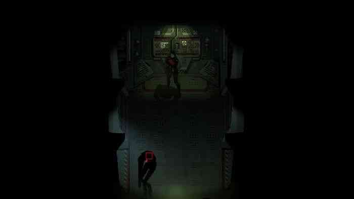 A darkened hallways featuring one of Signalis' enemies doubled over in the corner closest to the camera. Elster is pointing a gun at it. The monster's silhouette is highlighted with a red targeting reticule.