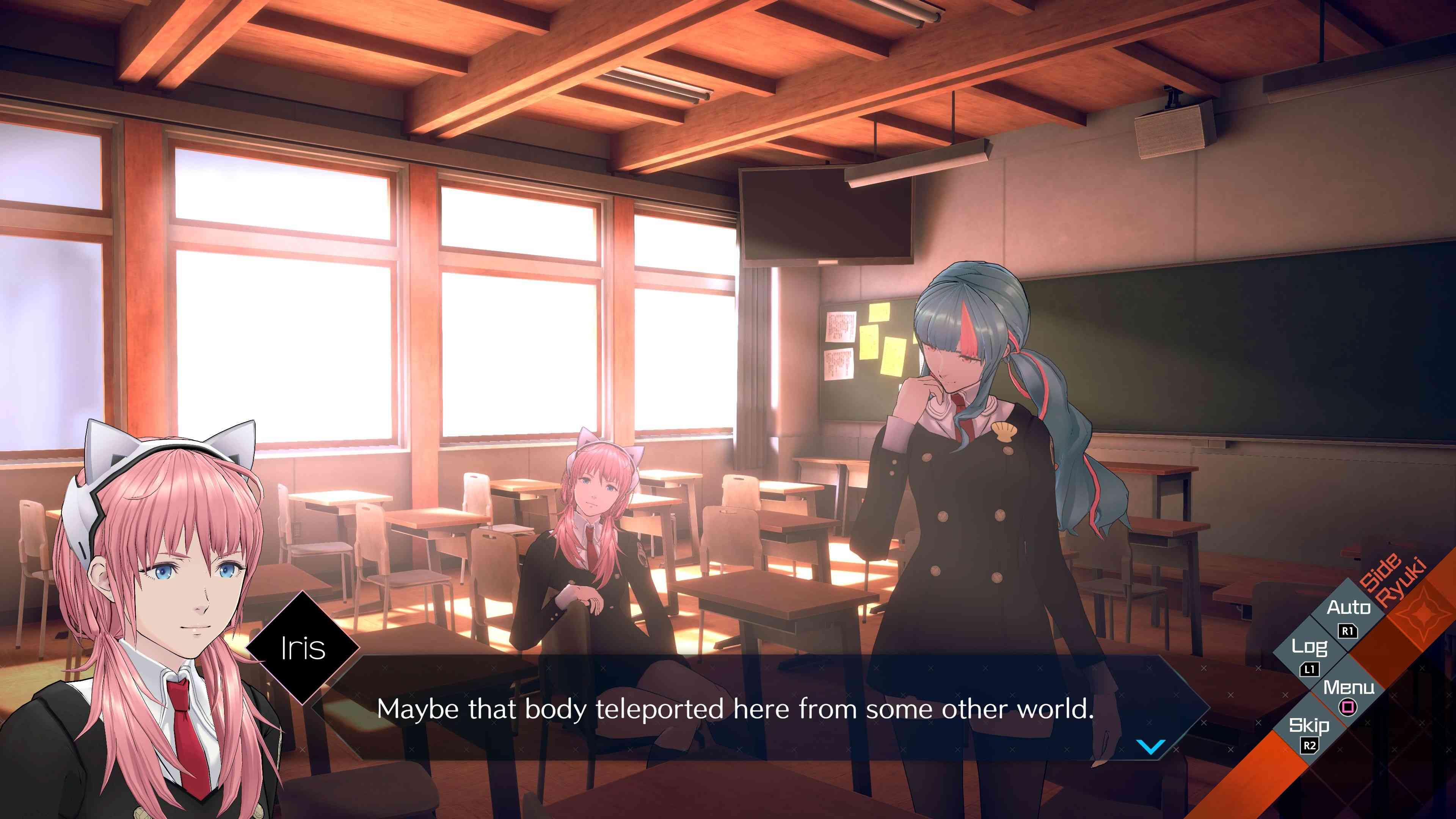 Iris and Mame from AI: The Somnium Files - nirvanA Initiative in a classroom, discussing a murder.
