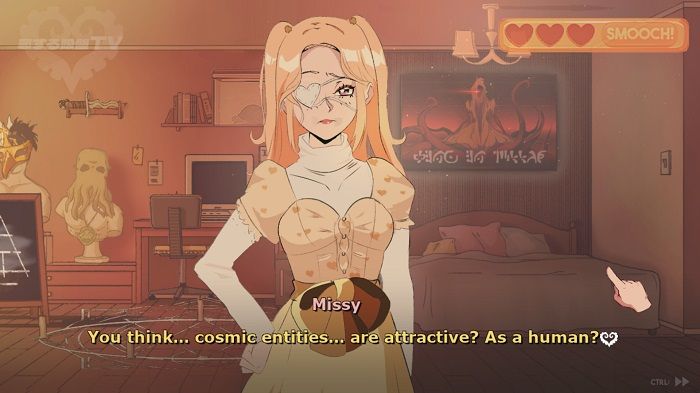 Sucker for Love: First Date screenshot showing Estir disguised as human asking "You think... cosmic entities... are attractive? As a human?"