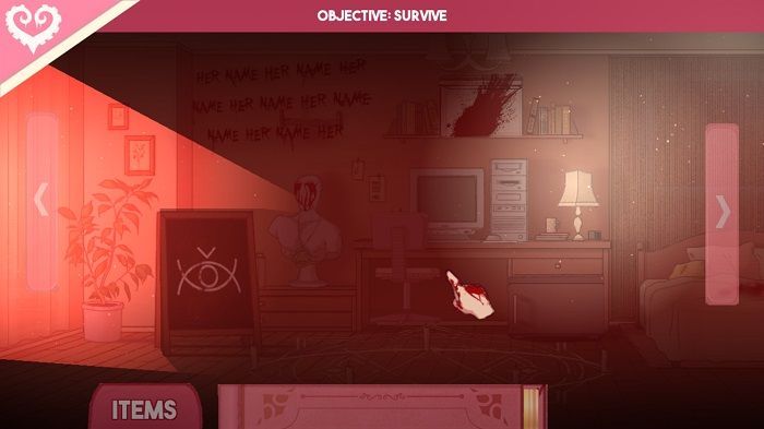 Sucker for Love: First Date showcase of an ominous bloody room. At the top of the screen reads "Objective: Survive."