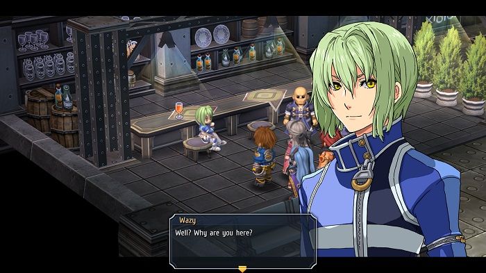 Trails from Zero screenshot showing the party interrogating gang leader Wazy at a bar.