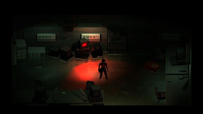 A glowing red save room in Signalis.