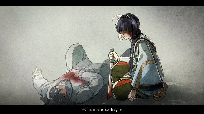 A flashback of Fate/Samurai Remnant's Saber kneeling over a corpse, sword in hand. Narration states that "Humans are so fragile,".
