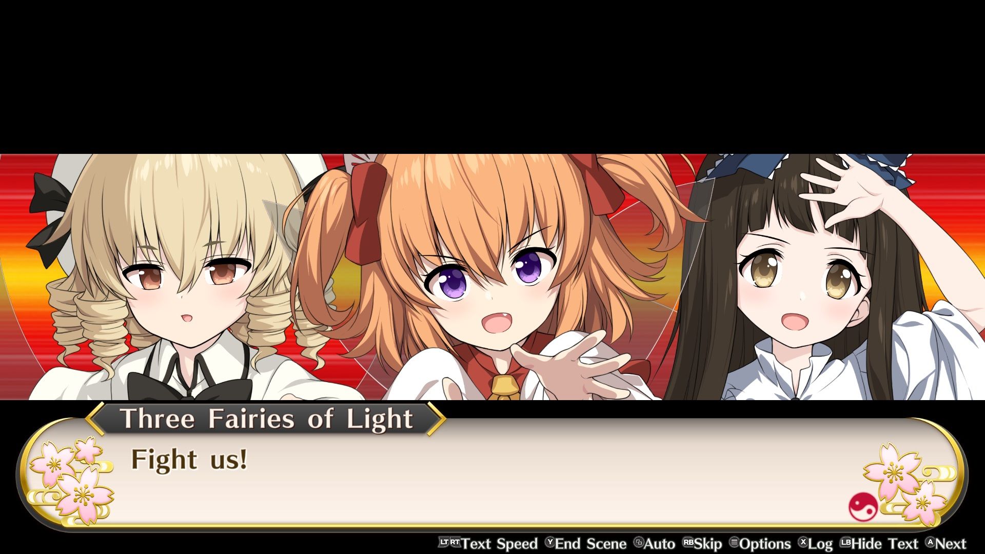 Touhou Genso Wanderer -FORESIGHT- Three Fairies of Light asking Reimu to fight them.