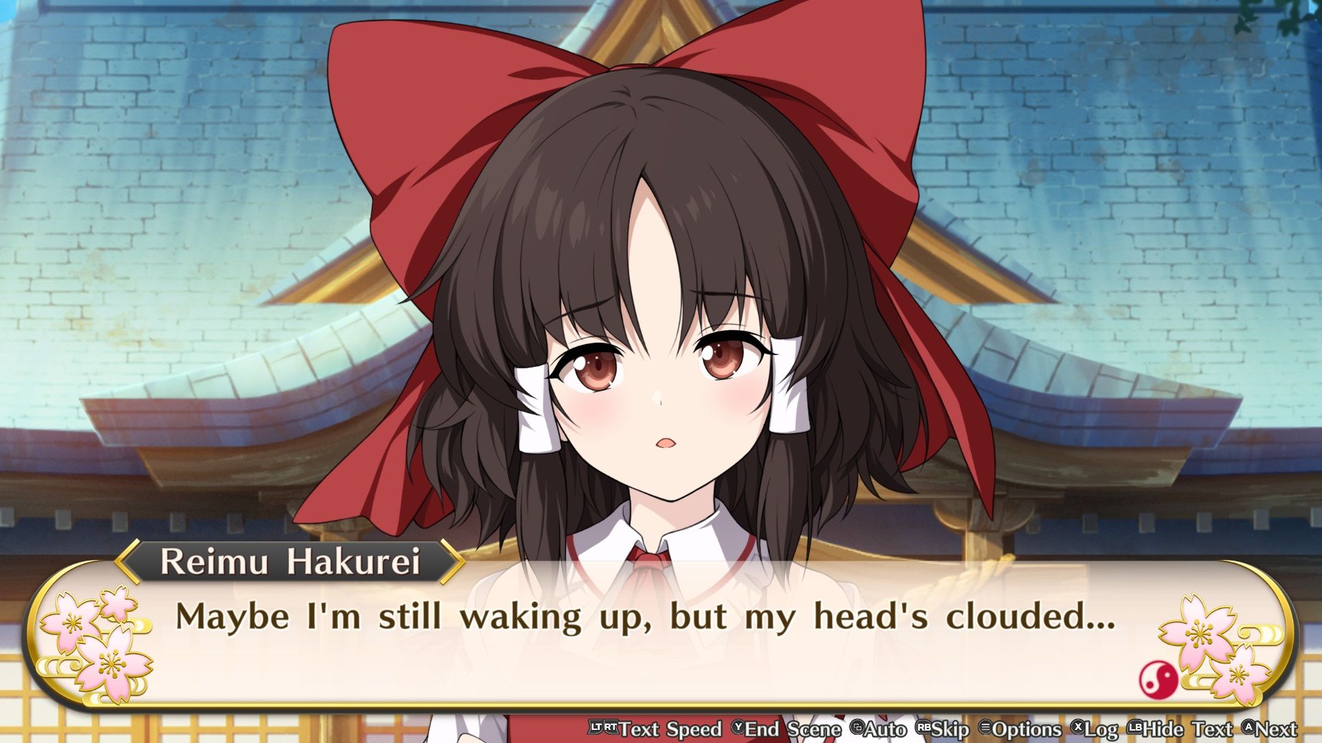 Reimu Hakurei thinking about her head being cloudy in Touhou Genso Wanderer -FORESIGHT-.