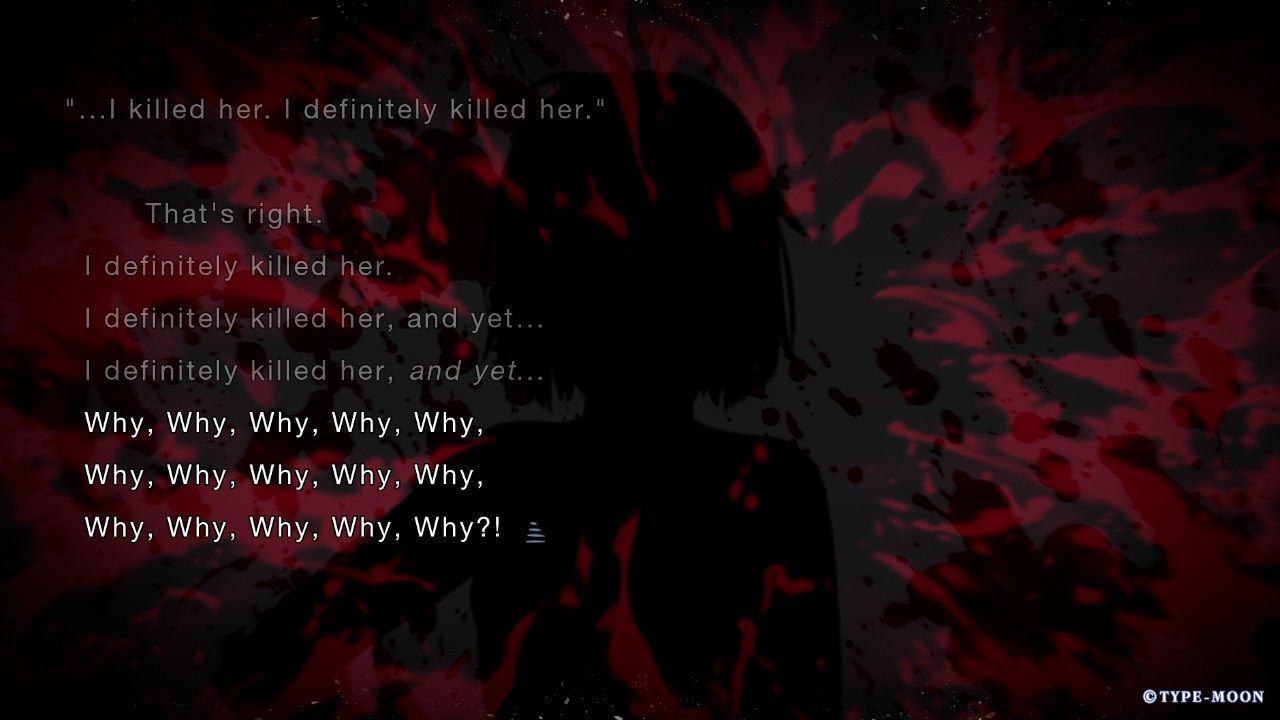 Tsukihime -A piece of blue glass moon- screenshot of Shiki's panicked internal narration upon seeing Arcueid again.