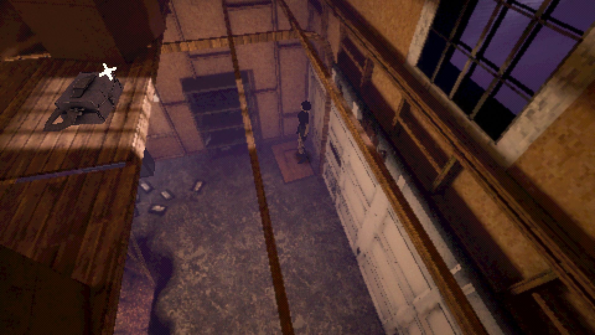 Heartworm screenshot. Sam enters a warehouse from a high angled shot, highlighting something shiny on the floor above her,