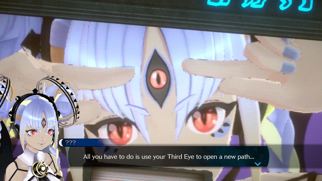 No Sleep For Kaname Date - From AI: THE SOMNIUM FILES depicting the hostess of the escape game pointing to her third eye.