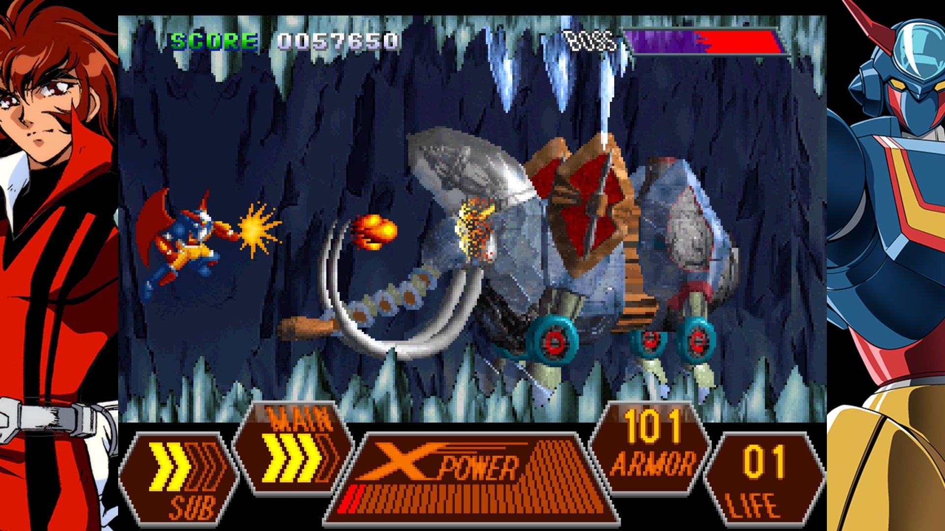 70s-style Robot Anime Geppy-X boss fight screenshot.